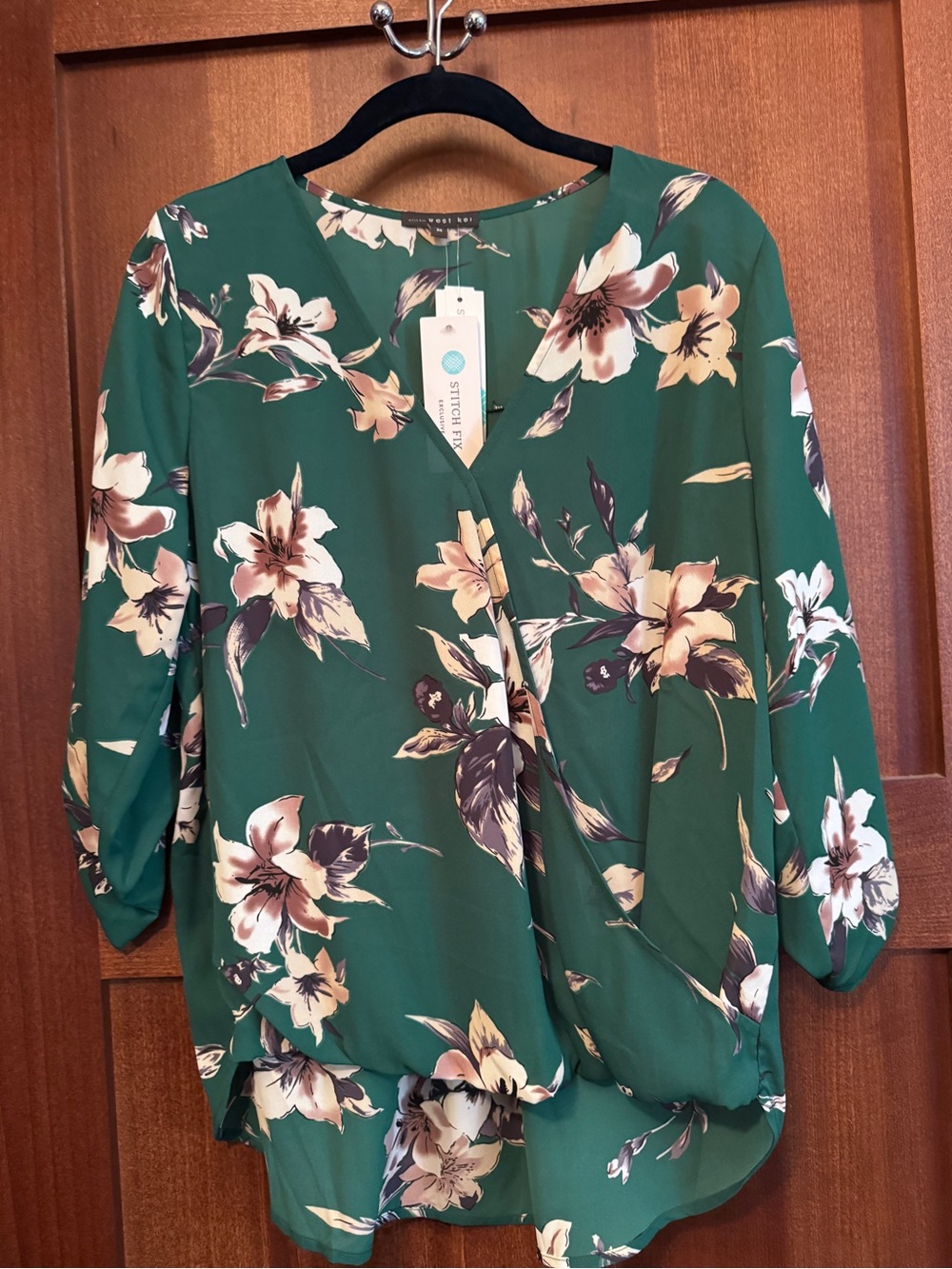 West Kei Green Floral Faux-Wrap Blouse